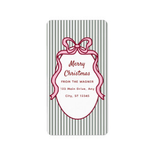 Classic Dark Green Stripes & Pink Bow Christmas Label