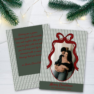 Classic Dark Green Stripes & Red Bow Christmas Holiday Card