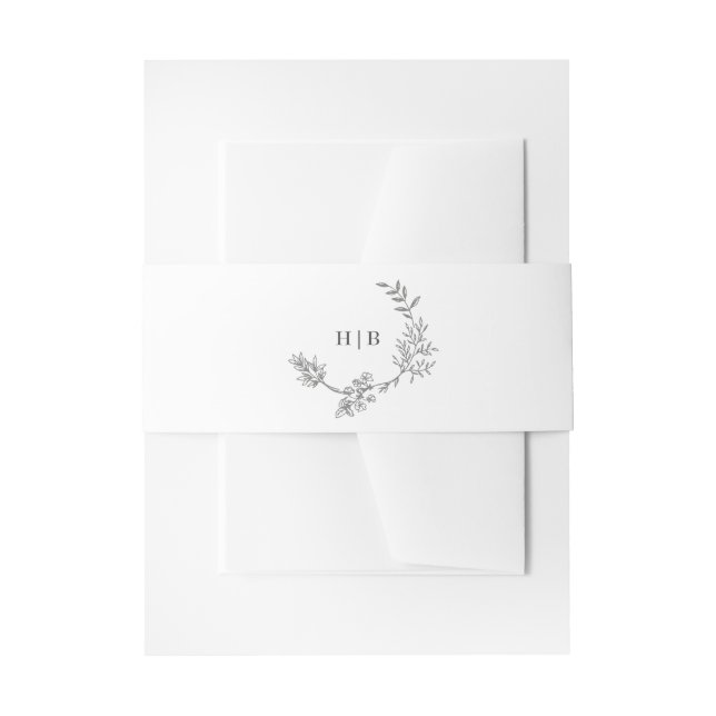 Classic Dark Grey Wreath Monogram Wedding Invitation Belly Band (Front Example)