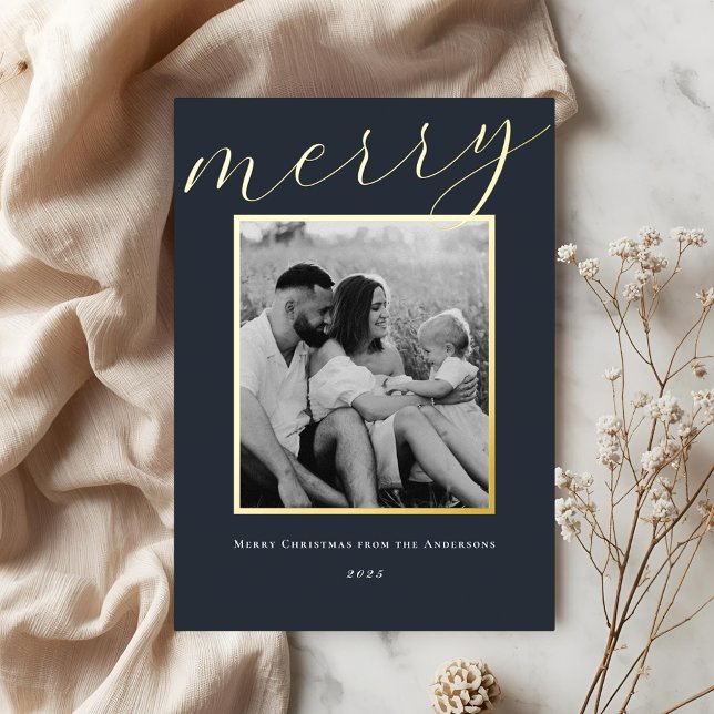 Classic Dark Navy and Gold Frame Family Photo Foil Holiday Card (Creator Uploaded)