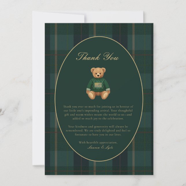Classic Dark Plaid Lauren Inspired Baby Shower  Thank You Card (Front)