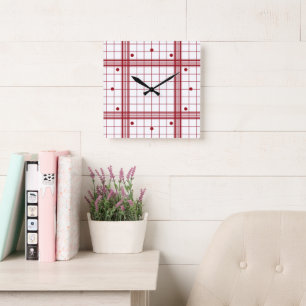Classic Dark Red Farmhouse Plaid Pattern On White Square Wall Clock