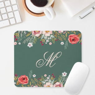 Classic Dark Sage Green Floral Custom Initial Mouse Pad