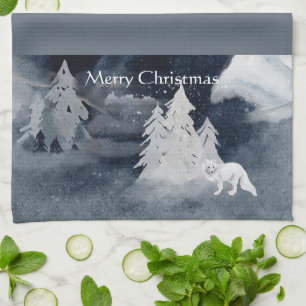 Classic dark winter scene with fox Christmas  Tea Towel