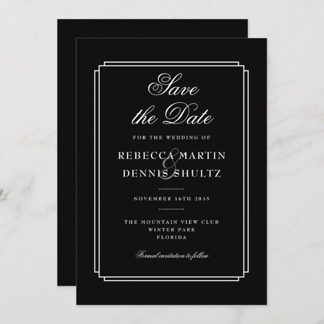 Classic Deco | Black and White Save the Date Invitation (Front/Back)
