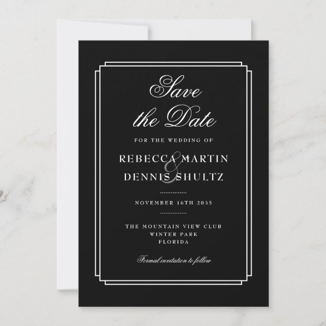 Classic Deco | Black and White Save the Date Invitation (Front)