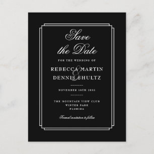 Classic Deco   Black and White Save the Date Postcard