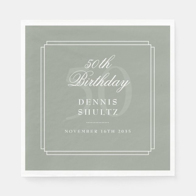 Classic Deco | Sage and White 50th Birthday Napkin (Front)