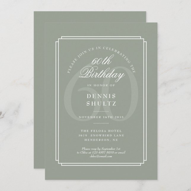 Classic Deco | Sage and White 60th Birthday Invitation (Front/Back)