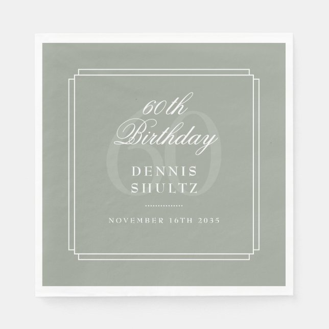 Classic Deco | Sage and White 60th Birthday Napkin (Front)