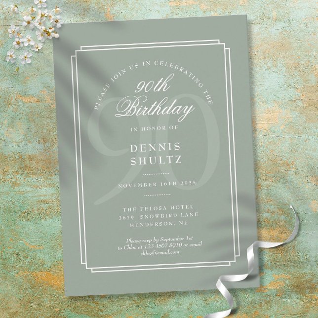 Classic Deco | Sage and White 90th Birthday Invitation (Creator Uploaded)