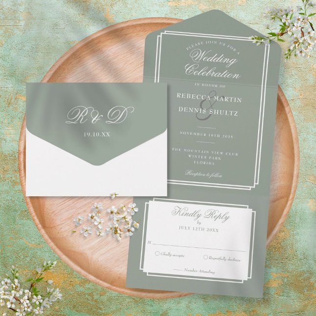 Classic Deco Sage Green Monogram Wedding All In One Invitation (Creator Uploaded)