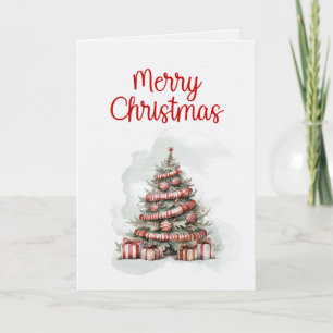 Classic Decorated Christmas Tree, Bold Red White Holiday Card