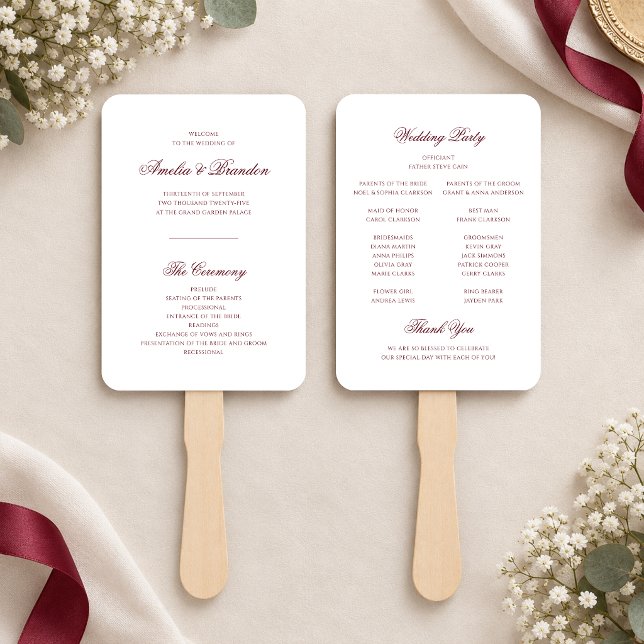 Classic Deep Burgundy Script Wedding Program Hand Fan (Creator Uploaded)