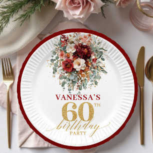 Classic Deep Red Gold Autumn 60th Birthday Paper Plate