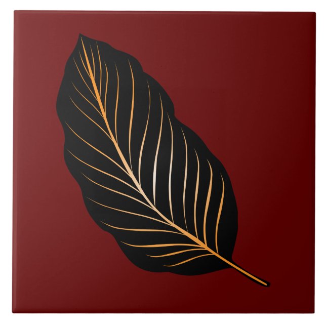 Classic Deep Red Gold Foil Leaf Ceramic Tile (Front)