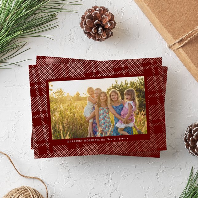 Classic Deep Red Simple Plaid Frame Foil Holiday Card (Creator Uploaded)