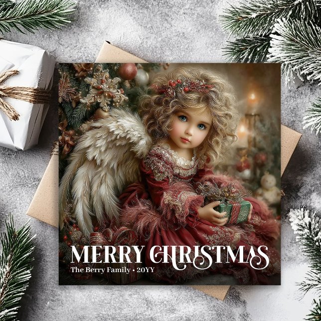 Classic Deep Red Victorian Angel Gold Christmas  Holiday Card (Classic Deep Red Victorian Angel Gold Christmas Card)