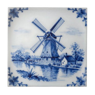 Classic Delft Blue Windmill Canal Scene Ceramic Tile