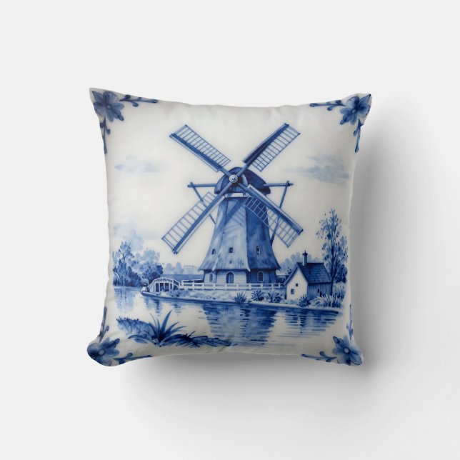 Classic Delft Blue Windmill Canal Scene Cushion (Front)