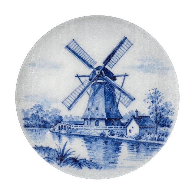 Classic Delft Blue Windmill Canal Scene Cutting Board (Front)