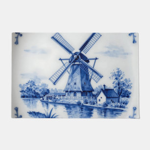 Classic Delft Blue Windmill Canal Scene Doormat