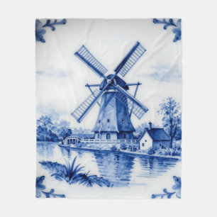 Classic Delft Blue Windmill Canal Scene Fleece Blanket