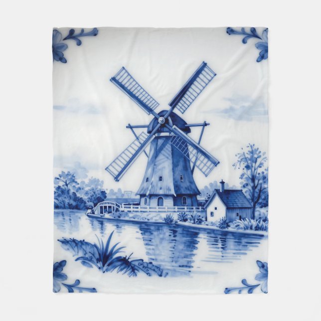 Classic Delft Blue Windmill Canal Scene Fleece Blanket (Front)