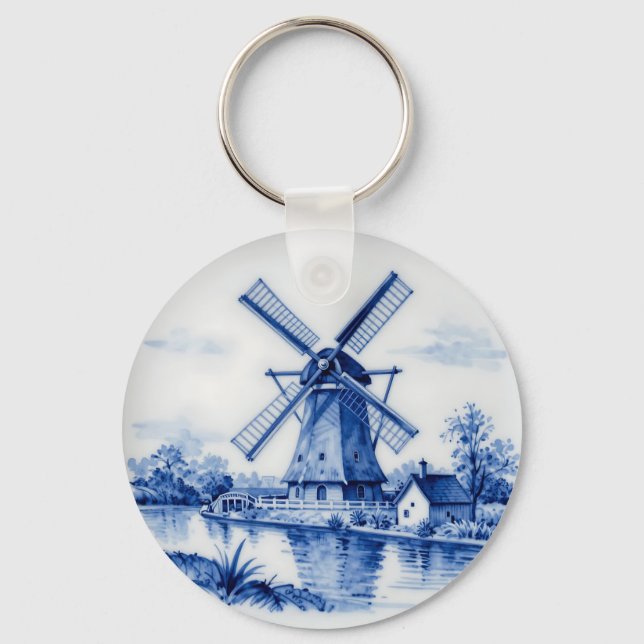 Classic Delft Blue Windmill Canal Scene Key Ring (Front)