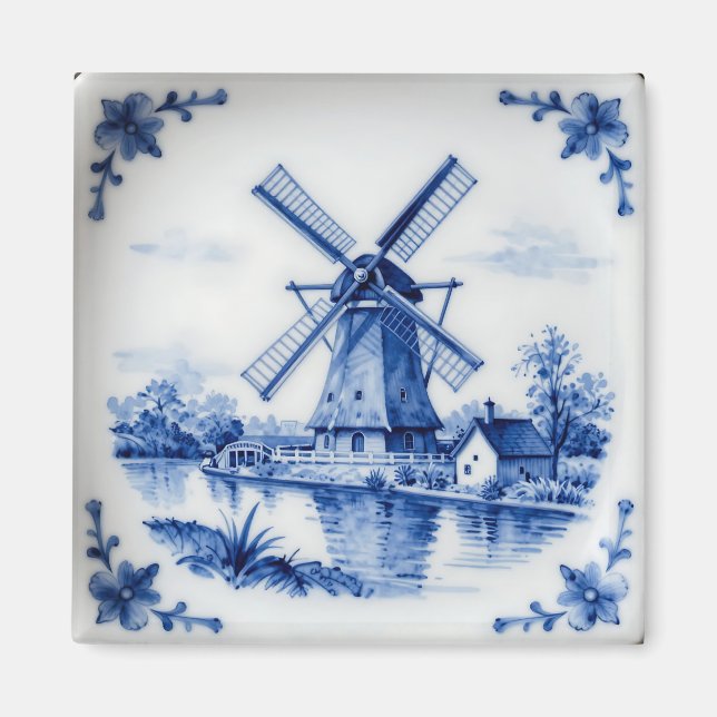 Classic Delft Blue Windmill Canal Scene Magnet (Front)