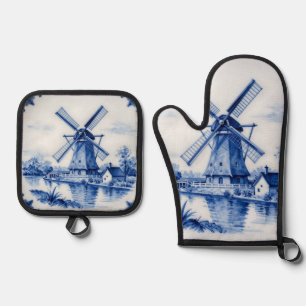 Classic Delft Blue Windmill Canal Scene Oven Mitt & Pot Holder Set