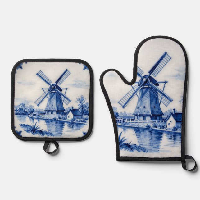 Classic Delft Blue Windmill Canal Scene Oven Mitt & Pot Holder Set (Front)