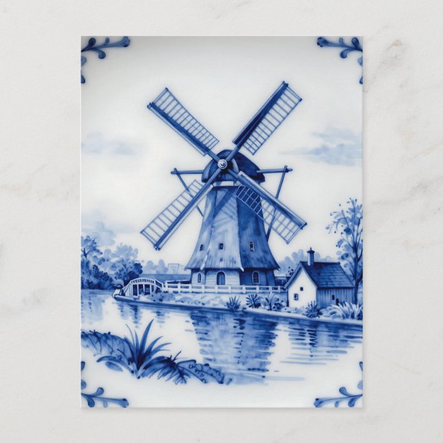 Classic Delft Blue Windmill Canal Scene Postcard (Front)