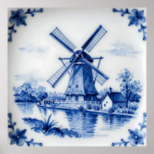 Classic Delft Blue Windmill Canal Scene Poster