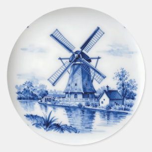 Classic Delft Blue Windmill Canal Scene Round Sticker