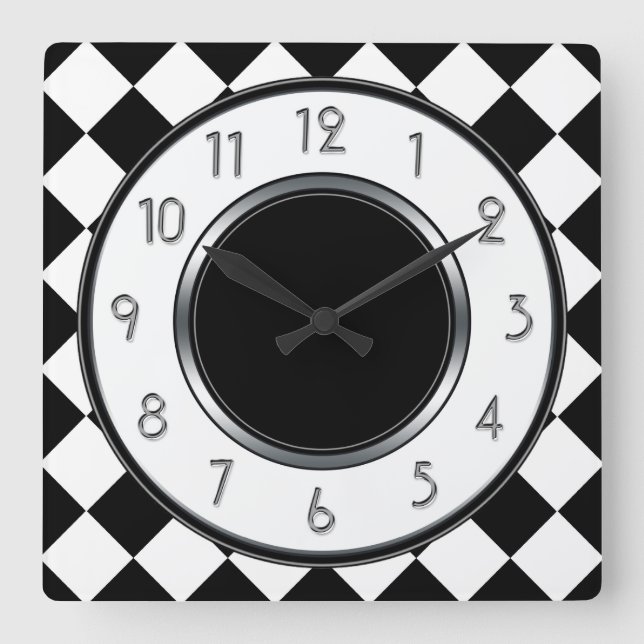 Classic Diamonds Monogram - Black White Square Wall Clock (Front)
