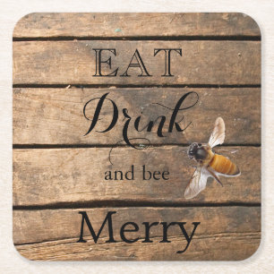 Classic distressed rustic barn wood honeybee square paper coaster