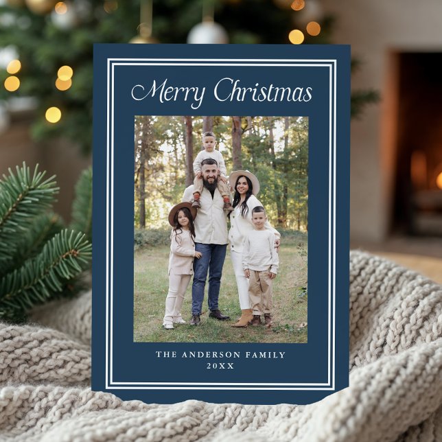 Classic Double Border Frame Navy 2 Photo Holiday Card (Creator Uploaded)