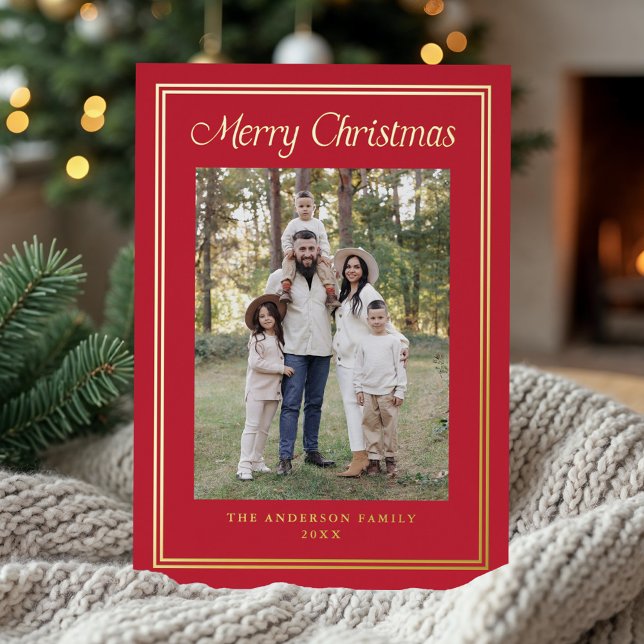 Classic Double Border Red 2 Photo Foil Holiday Card (Creator Uploaded)