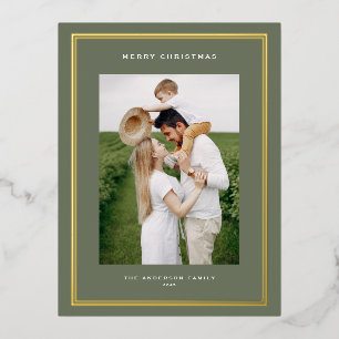 Classic Double Border Taupe Green Photo Christmas Foil Holiday Postcard