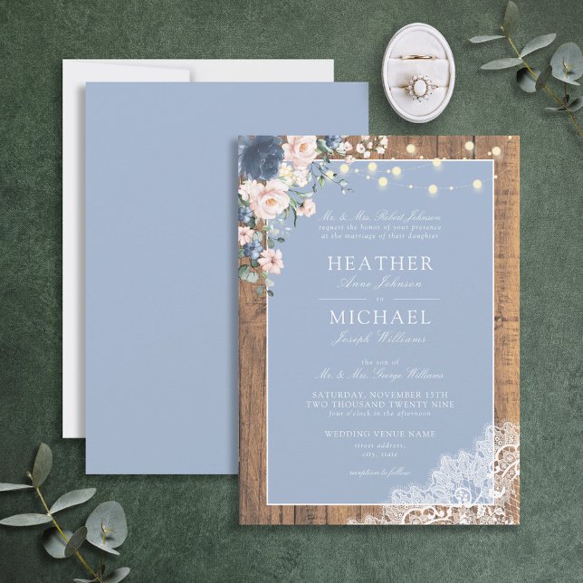 Classic Dusty Blue Blush Rustic Wood Lace Script Invitation (Creator Uploaded)