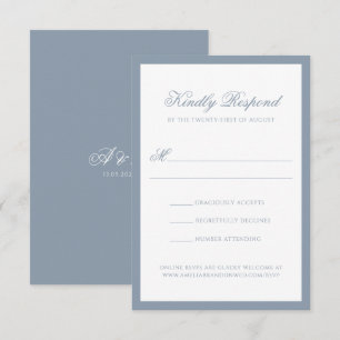 Classic Dusty Blue Border Monogram Script Wedding RSVP Card