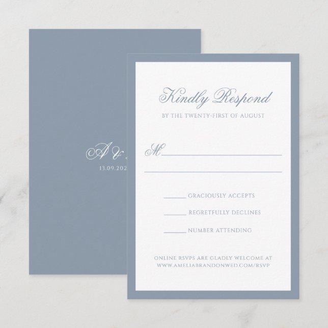 Classic Dusty Blue Border Monogram Script Wedding RSVP Card (Front/Back)