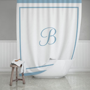 Classic Dusty Blue Border Script Monogram Letter Shower Curtain