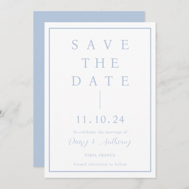 Classic Dusty Blue Border | Simple Elegant Save The Date (Front/Back)