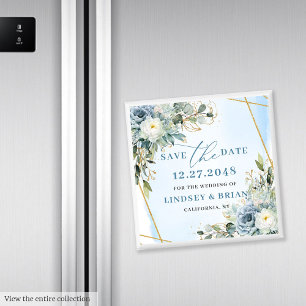 Classic Dusty Blue Botanical Gold Save The Date Magnet