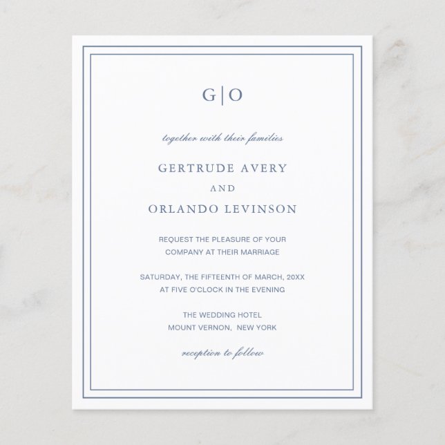 Classic Dusty Blue Budget Wedding Invitation Flyer (Front)