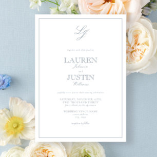 Classic Dusty Blue Calligraphy Monogram Wedding Invitation