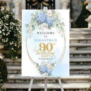 Classic Dusty Blue Floral 90th Birthday Welcome Poster