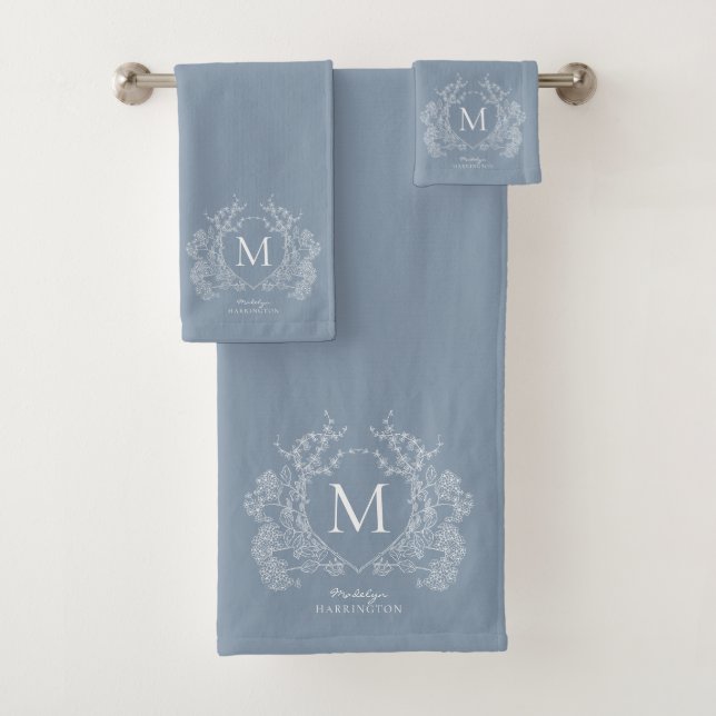 Classic Dusty Blue Floral Crest Monogram Bath Towel Set (Insitu)